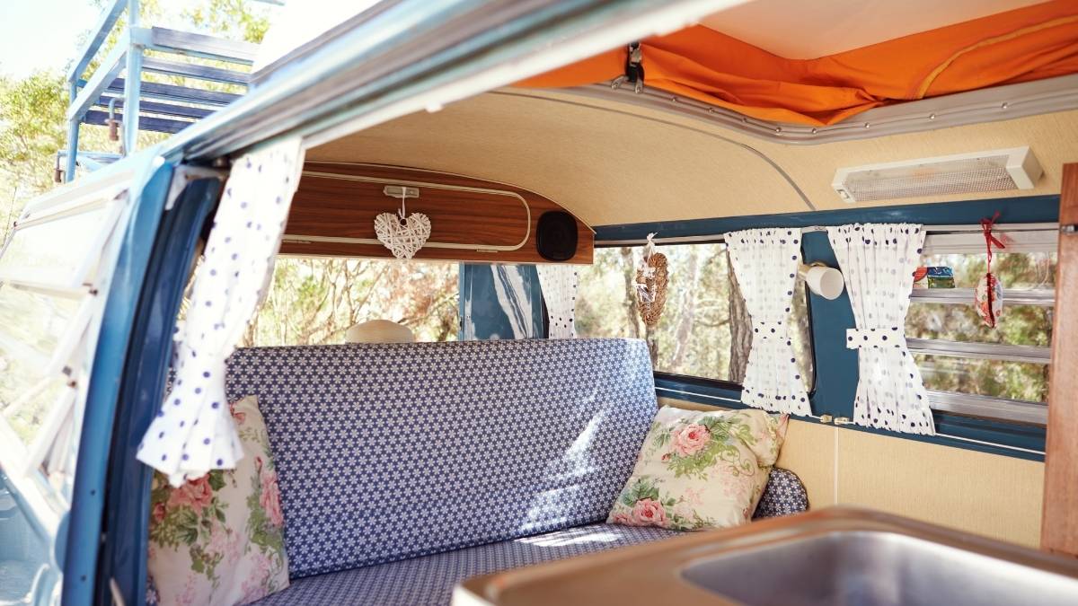 Campervan hire excess insurance - interior of retro VW camper